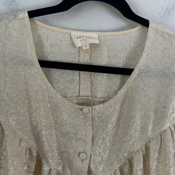 Sezane Womens 4 US Metallic Button Up Blouse 3/4 Ruched Sleeve Shirt Top - Picture 11 of 13